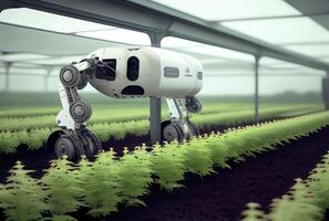 Robot farming harvesting agricultural products in greenhouse. Innovative futuristics technology and 5G smart farming concept. photo