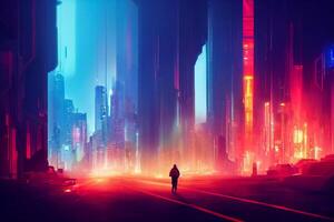 Futuristic cyberpunk smart city with loneliness and colorful lights background. photo