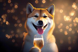 Happy Shiba Inu dog with toasted wine glass in party and golden bokeh light background. Animal and pet concept. Digital art illustration. photo