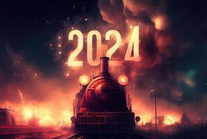 Happy New Year 2024 with traveling old retro steam train and fireworks background. Holiday and culture concept. Digital art illustration. photo