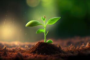 Seedlings sprout from the ground. Nature and life concept. photo