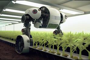 robot agricultura cosecha agrícola productos en invernadero. innovador futuristic tecnología y 5g inteligente agricultura concepto. generativo ai foto