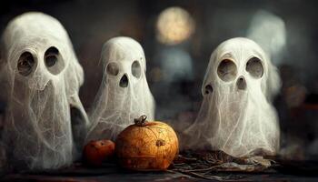 Spooky ghost face with pumpkin lantern in Halloween party background. photo