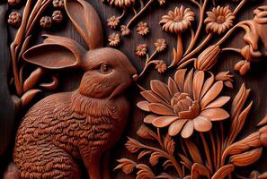 Wood carvings of rabbits and flowers on the wall background. photo