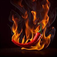 Red chili with burning fire flame on black background. photo