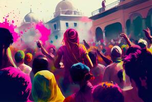 Holi day and festival with crowd people in Hindu outfits and mosque background. photo