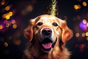 de cerca de retrato contento dorado perdiguero perro vistiendo fiesta sombrero para celebracion con bokeh antecedentes. animal y mascota concepto. generativo ai foto