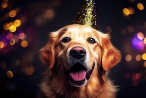 Closeup of portrait happy Golden Retriever dog wearing party hat for celebration with bokeh background. Animal and pet concept. photo