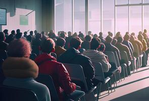 espalda ver de Participantes son sentado y escuchando a conferencias desde el instructores en el formación seminario en el Universidad taller. personas y educación aprendizaje concepto. generativo ai foto