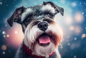 Happy Schnauzer dog in Santa Claus costume and shiny bokeh background. Animal and Holiday concept. photo