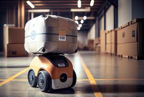 Robot AGV transporting cardboard box in warehouse background. Technology innovation and delivery concept. photo