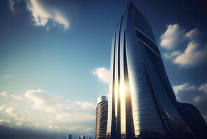 Skyscrapers with blue sky and cloud background. Building and architecture concept. Digital art illustration. photo