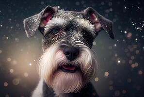 Happy Schnauzer dog with shiny bokeh glitter background. Animal and Holiday concept. photo