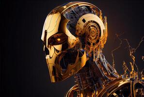 Closeup head shot of golden metallic humanoid robot on isolated dark black background. Technology and innovative concept. Digital art illustration. photo