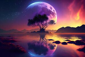 Bright full moon behind the silhouette tree on the fairyland background. Fantasy and art concept. photo