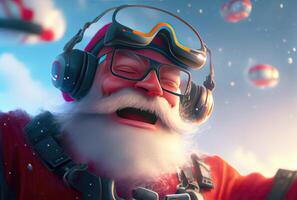 Closeup of Santa Claus controlling the flying drone with remote control in the blue sky and cloudy background. Merry Christmas and Happy new year concept. Digital art illustration. photo