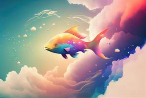 Rainbow color fish swimming in the sky with cloudy background. photo