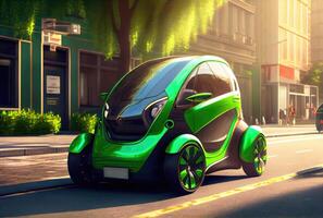 Green future car on the road in the city urban scene at day background. Technology and transportation concept. photo