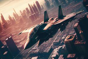 Fighter planes fly over the big city. Defensive military and world war concept. photo