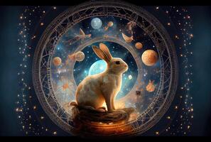 Rabbit zodiac constellation star sign and symbol in the universe with shining stars background. photo