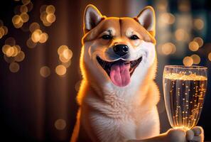 Happy Shiba Inu dog with toasted wine glass in party and golden bokeh light background. Animal and pet concept. Digital art illustration. photo