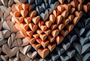 Orange white and blue papercut hearts origami background. Love story and Valentines day wallpaper concept. photo
