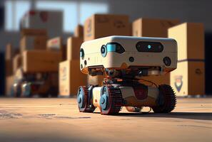 Robot AGV transporting cardboard box in warehouse background. Technology innovation and delivery concept. photo