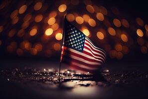 el unido estados de America Estados Unidos bandera con vistoso brillante bokeh ligero antecedentes. nación bandera en el oscuro con iluminación ligero. nacional día concepto. generativo ai foto