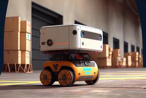 Robot AGV transporting cardboard box in warehouse background. Technology innovation and delivery concept. photo