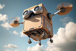 Cute future delivery drone with parcel box flying over the high sky background. Innovative technology and transportation concept. Digital art illustration. photo