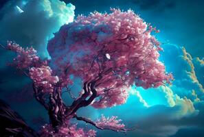 rosado Cereza florecer árbol en el tierra con azul cielo antecedentes. generativo ai foto