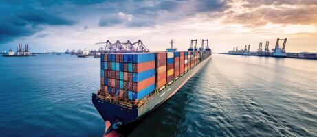 Container ship carrying container boxes import export dock with quay crane. Business commercial trade global cargo freight shipping logistic and transportation worldwide oversea concept. photo