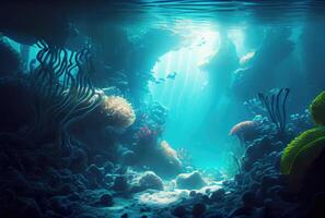 profundo mar y acuático vida con Brillo Solar antecedentes. digital Arte ilustración. marina vida y submarino concepto. generativo ai foto
