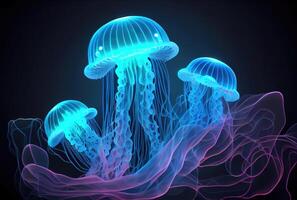 Medusa Jellyfish with glowing illumination light under the deep sea in the dark background. Marine life and animal concept. photo