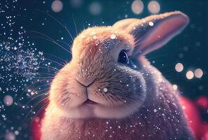 Bunny rabbit in the snowy and shiny bokeh background. Animal and Holiday concept. photo
