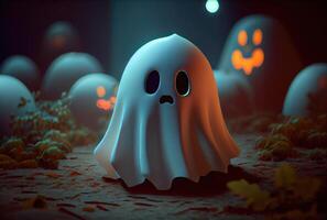Cute spooky fabric ghost in Halloween party background. Funny character art concept. photo