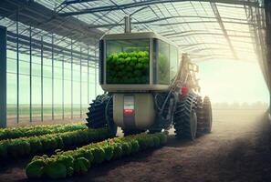 robot agricultura cosecha agrícola productos en investigación centro. innovador futuristic tecnología y 5g inteligente agricultura concepto. generativo ai foto