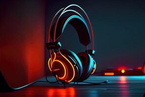 Modern headphone in the colorful gaming and live streaming room background. photo