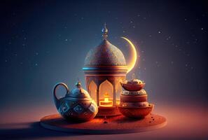 Ramadán festival linterna y accesorios en el piso antecedentes. cultura y religión concepto. digital Arte ilustración. generativo ai foto