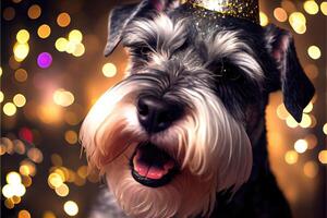 Happy Schnauzer dog in party with bokeh light background. Animal and pet concept. photo