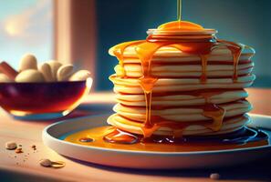 Buttermilk Pancakes in dish on the dinning table. Sweet dessert and recipe concept. photo