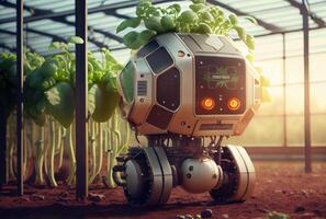 Robot farming harvesting agricultural products in research center. Innovative futuristics technology and 5G smart farming concept. photo