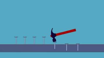 Graphic animation of a hammer that hammers nails. At the end, one of the nails naughty climbs back. Empty space to insert your ideas. video