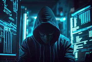 Hacker in the black hood in the server room. Unrecognizable people. Technology and Cybersecurity and Criminal concept. photo