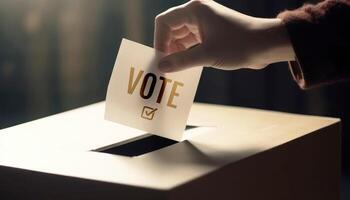 Closeup of people hand dropping paper into the election box to vote for their favorite politician to be prime minister. Democracy and Politics concept. photo