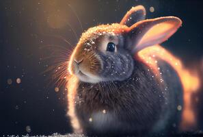 Bunny rabbit in the snowy and shiny bokeh background. Animal and Holiday concept. photo