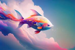 arco iris color pescado nadando en el cielo con nublado antecedentes. generativo ai foto