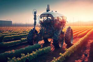 Robot farming harvesting agricultural products in crop field. Innovative futuristics technology and 5G smart farming concept. photo