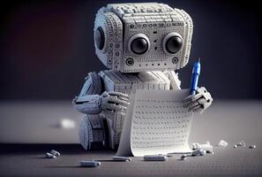 Cute robot writing the headlines on paper. Journalist Artificial intelligence and self learning concept. Digital art illustration. photo