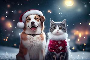 contento gato y perro en Papa Noel claus disfraz con bokeh ligero y copos de nieve antecedentes. animal y Navidad día concepto. generativo ai foto